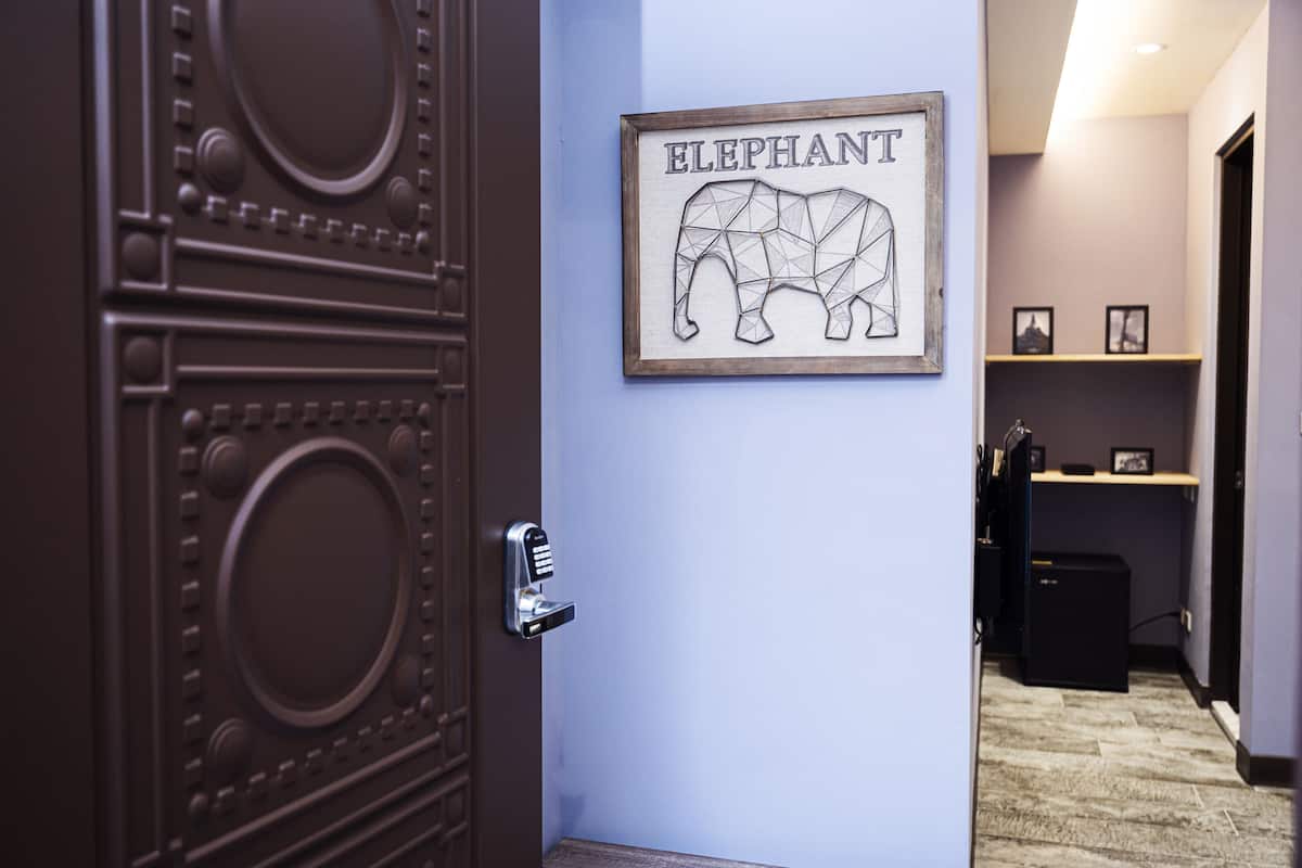Uma porta com olho de fechadura e um quadro de elefante na parede.