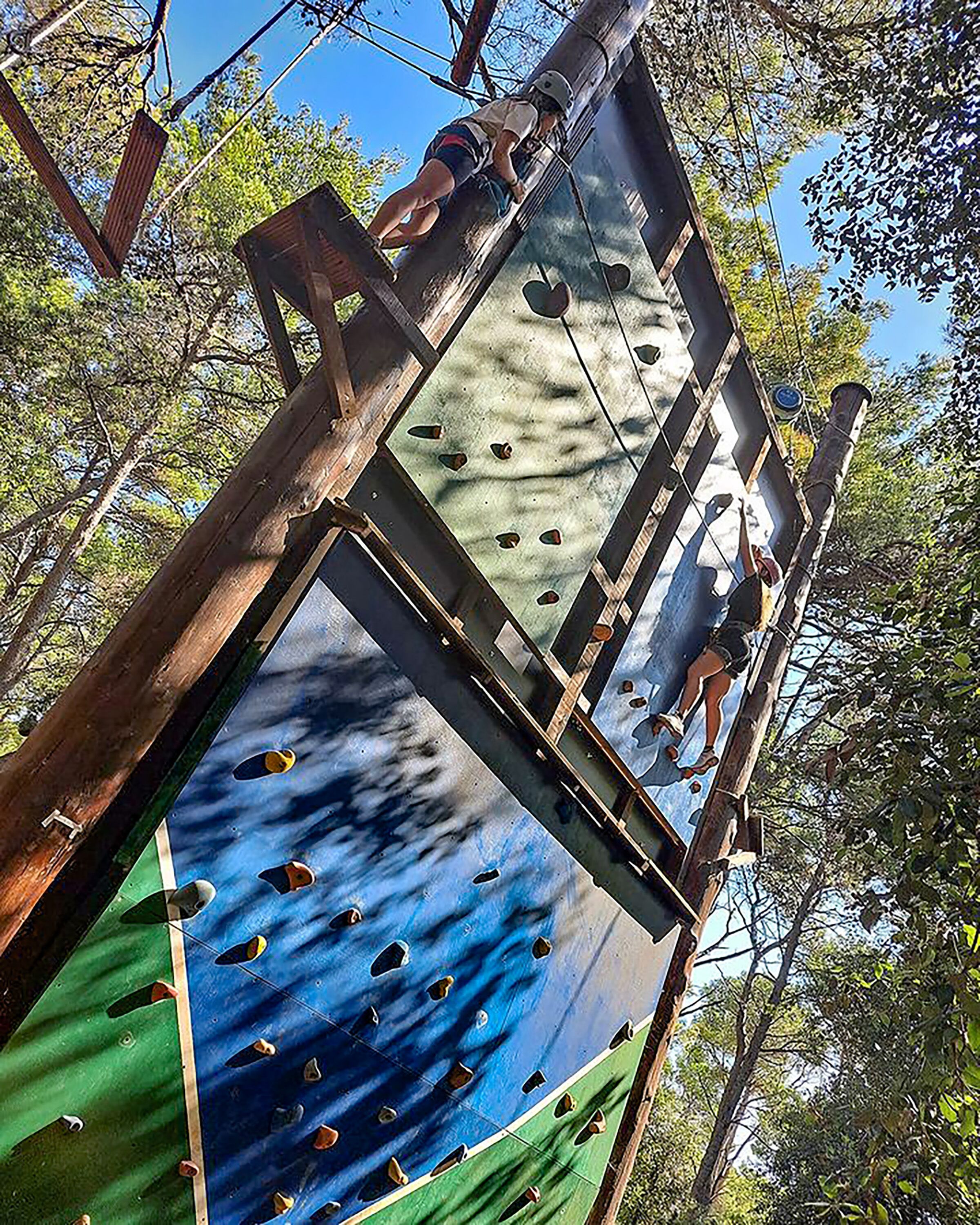A zip line structure with a painted design, surrounded by trees.