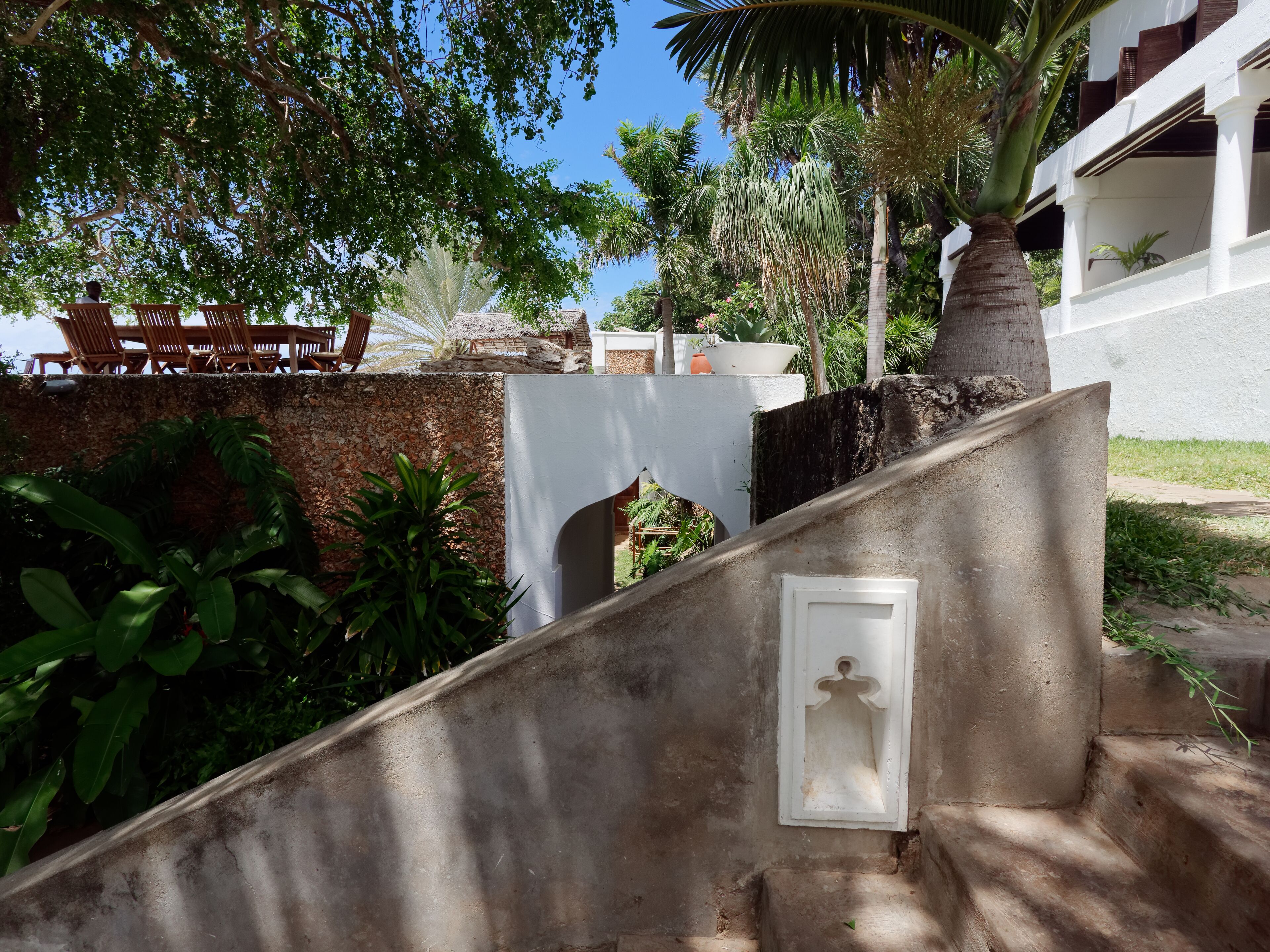 Una escalera que lleva a una terraza con sillas de madera y una palmera.