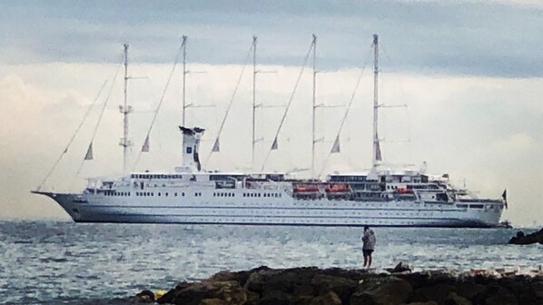 Ett stort kryssningsfartyg lade till vid en brygga med en stenig strand.