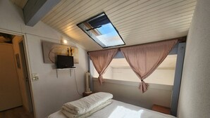 A bedroom with a bed, a TV on a stand, a window with curtains, and a skylight.