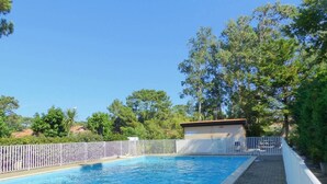 A swimming pool with a white fence, surrounded by trees and a clear blue sky.