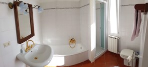Bathtub, bidet, towels, soap