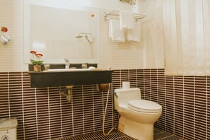 Shower, rainfall showerhead, hair dryer, bathrobes