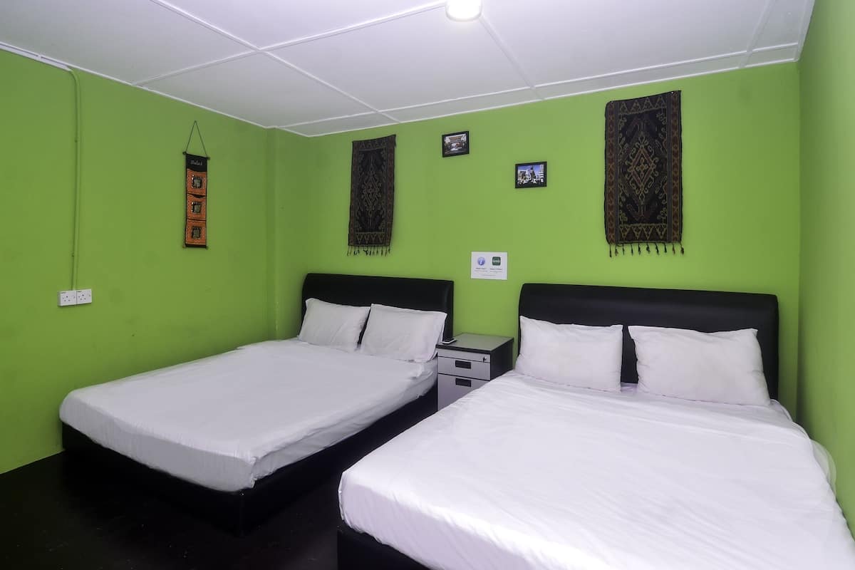 A room with two single beds, green walls, and a white ceiling.