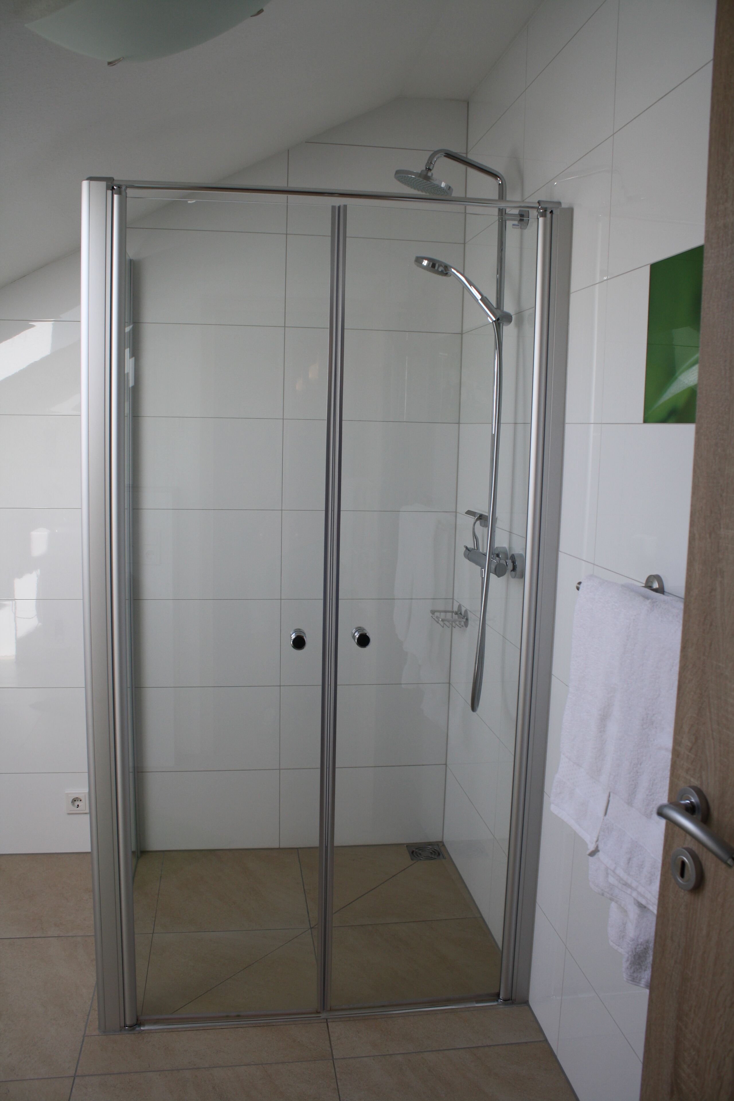 A glass-enclosed shower stall with a handheld showerhead and a wall-mounted faucet.