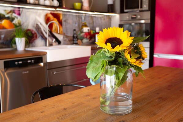 Design Villa (2 floors) | Private kitchen | Full-size fridge, microwave, oven, stovetop - Villa Cantare (Obernburg)