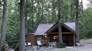 A rustic cabin with a metal roof, surrounded by tall trees. - Stylish Cabin in 12 Acres of Private Forest (Sagle)