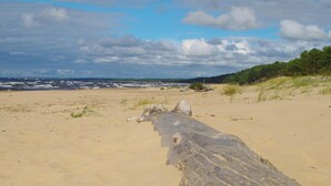 A sandy beach with a large log in the foreground, waves in the background, and a forested area to the right. - Rabarberi LV #R2-Unique views at SeaSide Village (Saulkrasti)