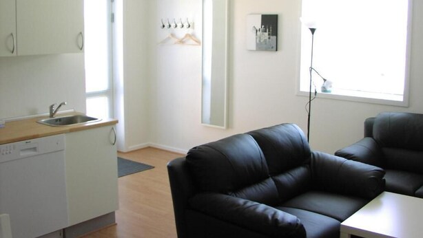 A compact living space with a kitchenette, a black leather sofa, and a large window providing natural light. - Plesners Anneks (Skagen)