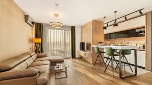 A modern living room with a sofa, a dining area with chairs, a small table, and a kitchen with a counter and cabinets. - Promenada Studios (Brasov)