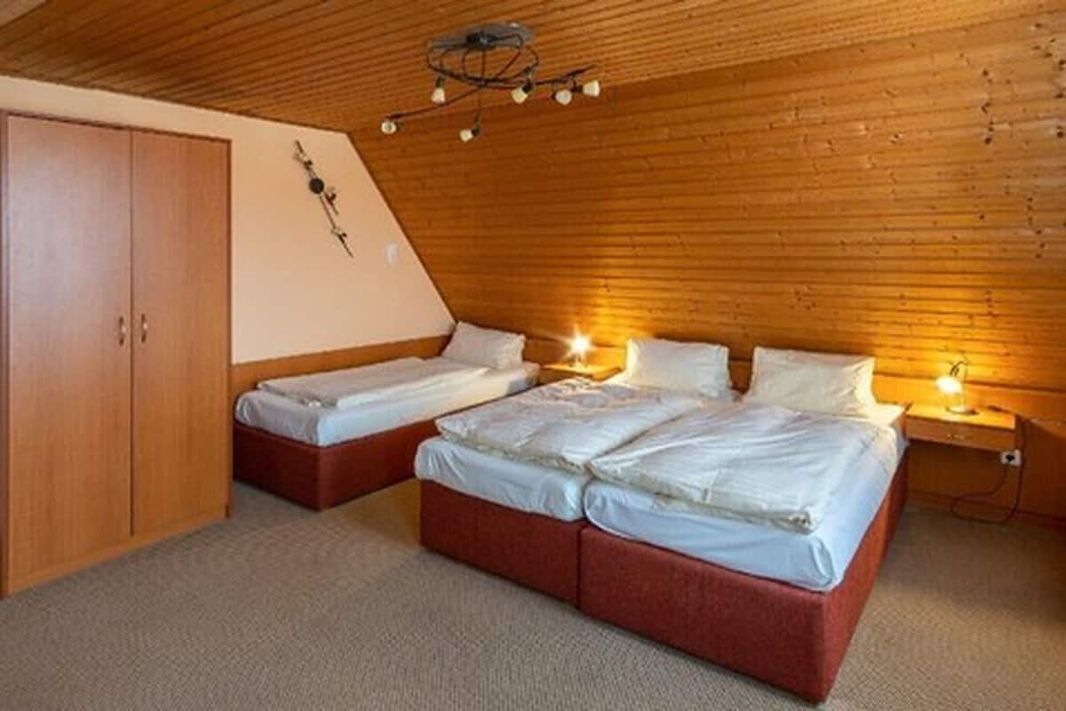 A bedroom with two beds, a wardrobe, and a wooden ceiling.