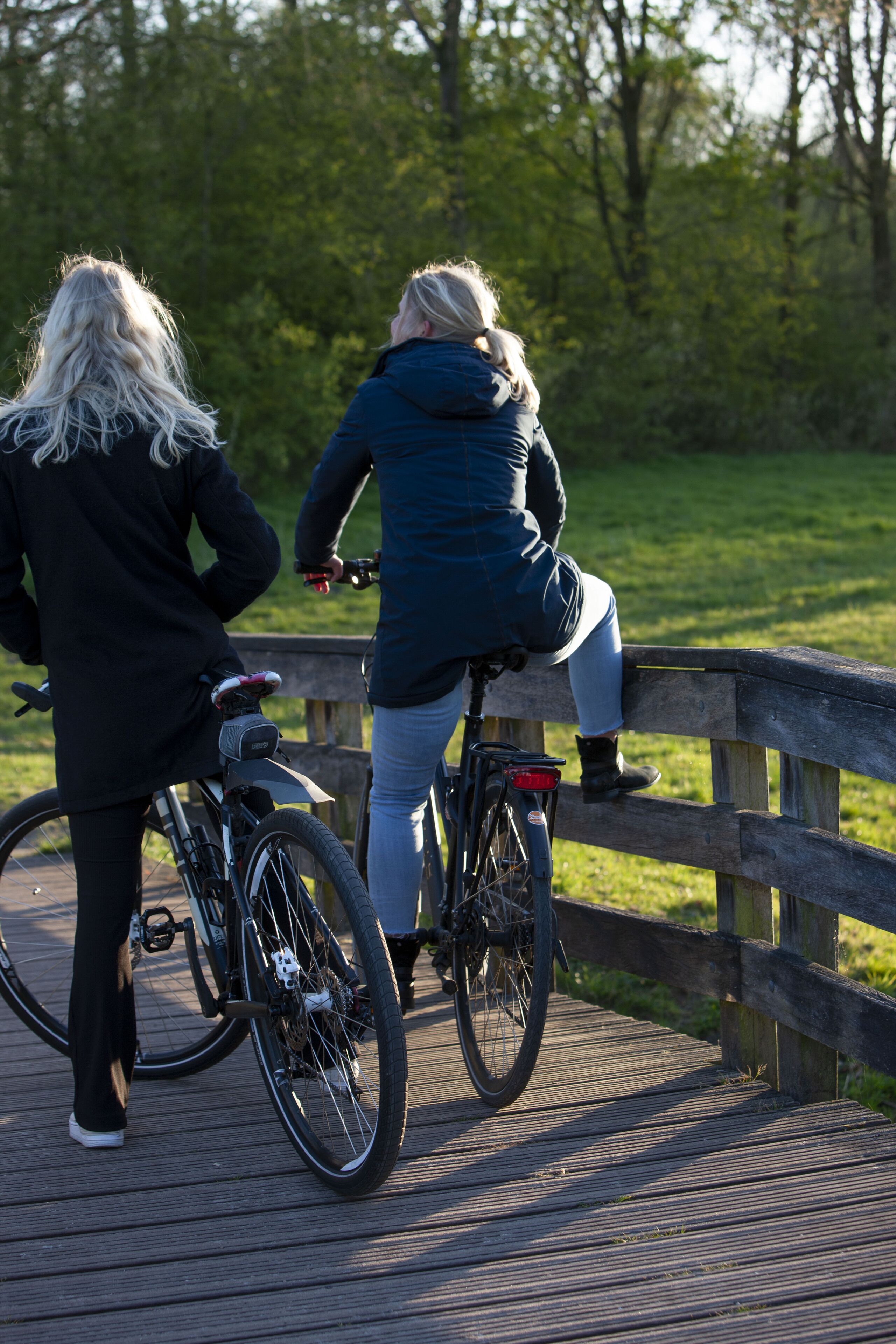 Two people on a wooden bridge with bicycles, surrounded by greenery.