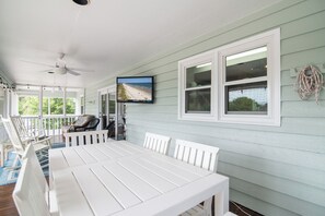 Outdoor dining - Hawksnest Bay-Beach Walk Oasis with Private Pool (Pawleys Island)