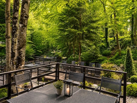 An outdoor seating area with tables and chairs, surrounded by trees and greenery.