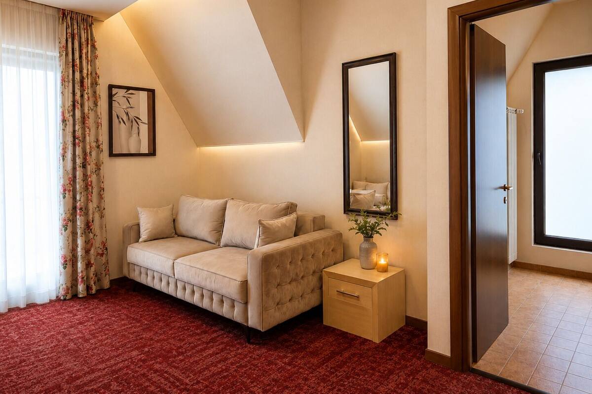 Ein Hotelzimmer mit einer Couch, einem Nachttisch mit Vase und Kerze, einem Spiegel und einer Tür.