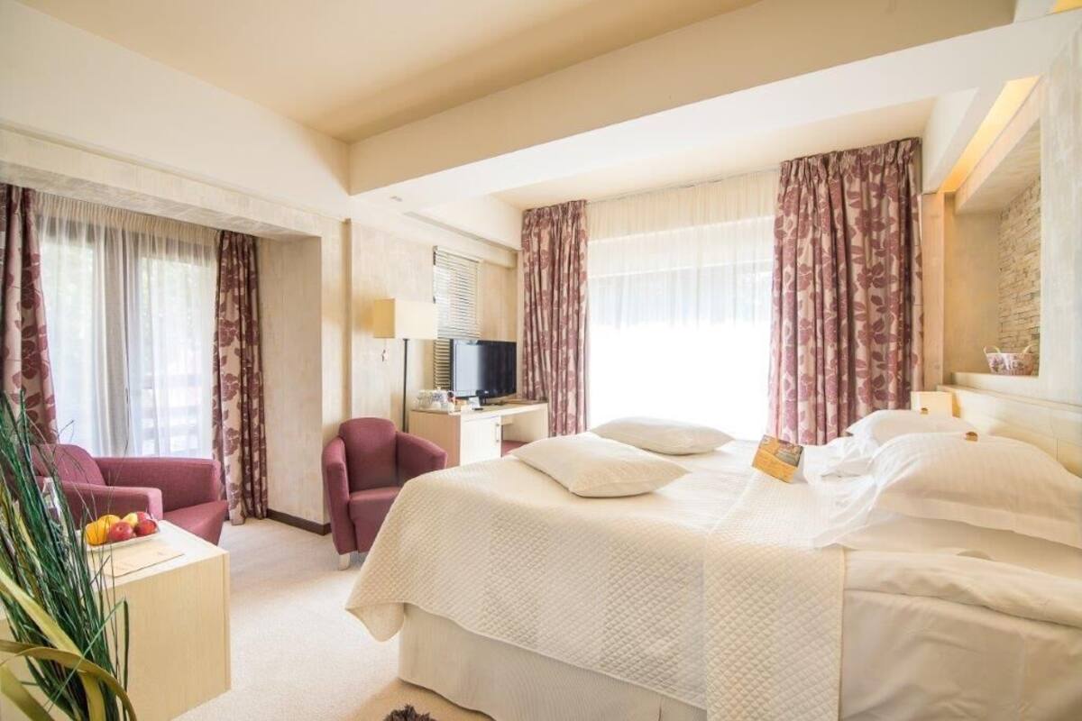 Ein Hotelzimmer mit einem Bett, einem Schreibtisch mit Fernseher, einem Sessel und einer Pflanze.