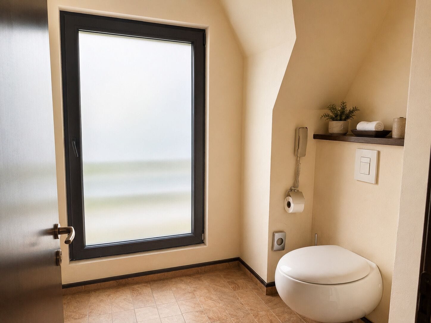 A bathroom with a toilet, a towel, a phone, and a shelf with a plant and a bowl.