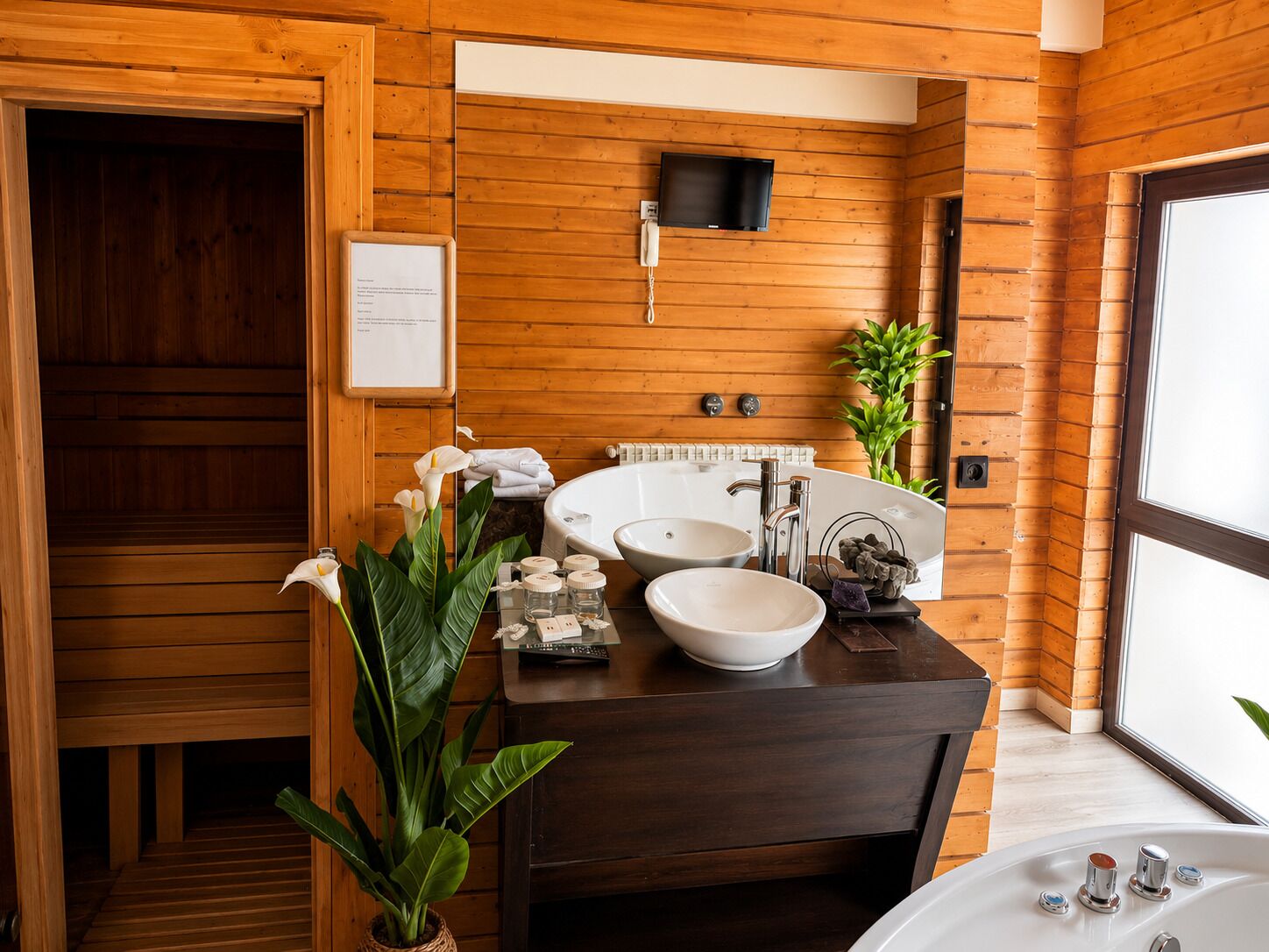 Une salle de bain de style cabane en bois, dotée d’une grande fenêtre, d’un banc en bois, d’un lavabo avec un receveur, d’une baignoire et d’une plante en pot.