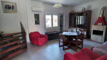 Smart TV, fireplace, books