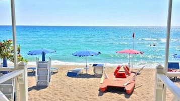 On the beach, sun-loungers