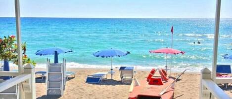 On the beach, sun-loungers