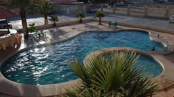 Une piscine au design incurvé, entourée de palmiers et agrémentée de quelques chaises.