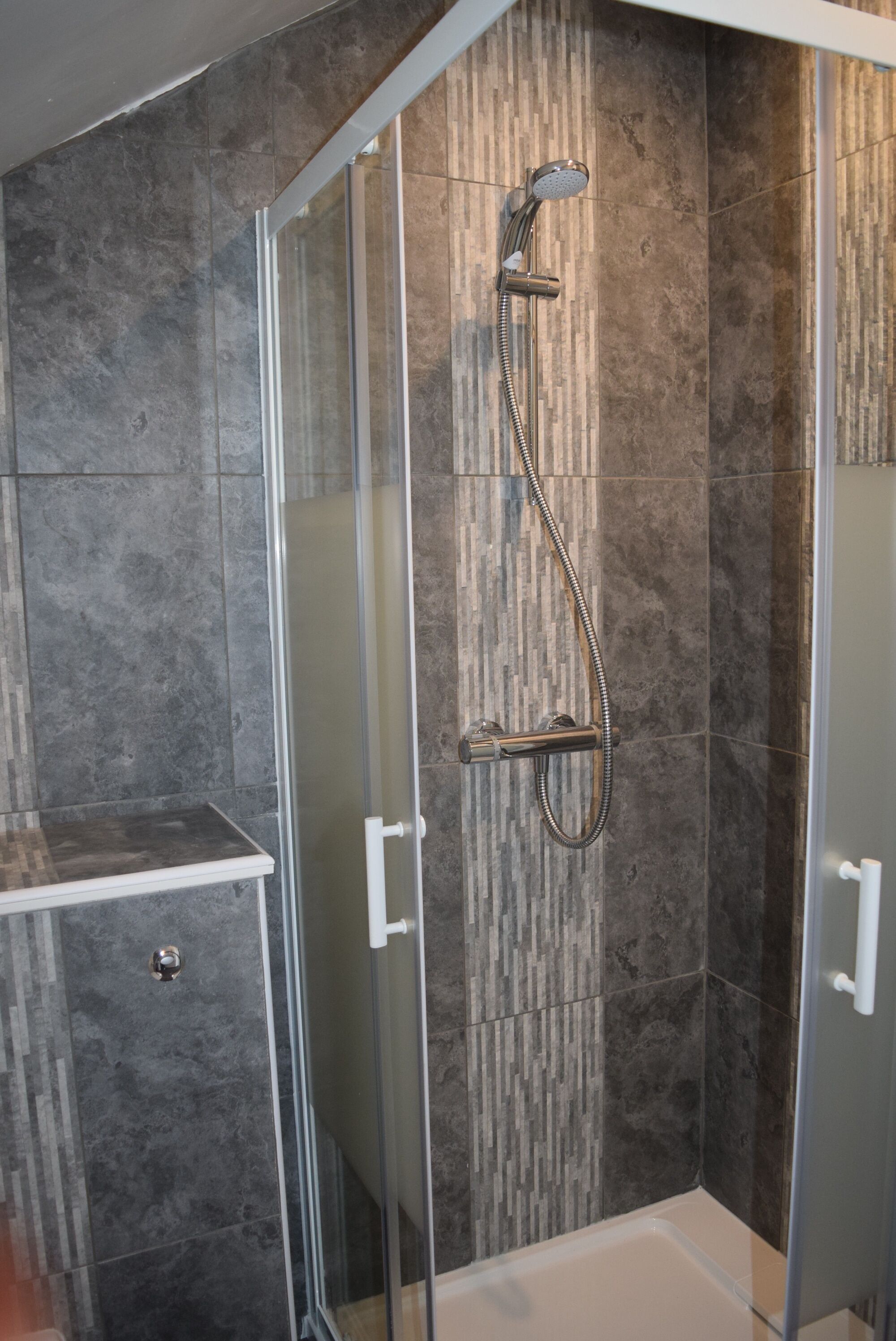 A modern shower enclosure with a glass door, a handheld showerhead, and a wall-mounted control panel.
