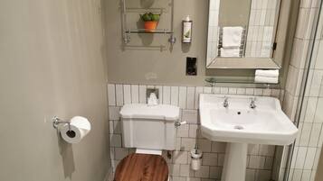Ein Badezimmer mit Toilette, Waschbecken und Spiegel. Regale mit Pflegeprodukten und ein Blumentopf sind ebenfalls vorhanden.
