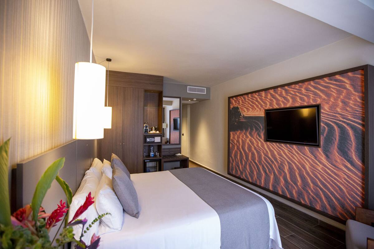 A modern hotel room with a large bed, a flat-screen TV mounted on the wall, and a decorative wall panel.