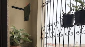 A balcony with a chair, two small tables, potted plants, and a view of the city. - Appart Argana (Agadir)