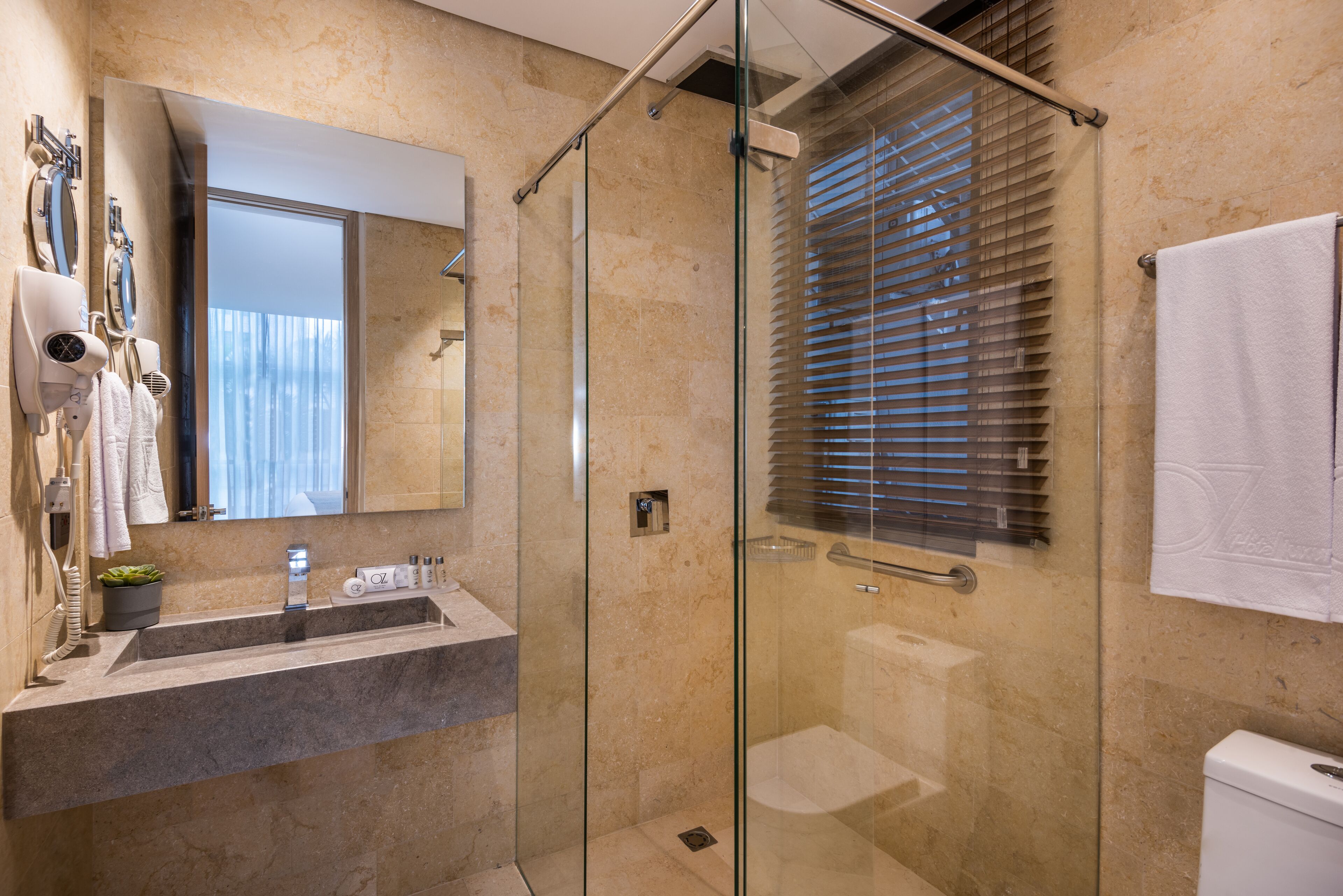 shower, rainfall showerhead, hair dryer, heated floors