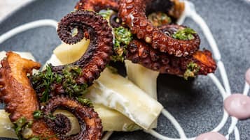A dish of grilled octopus with vegetables and herbs.
