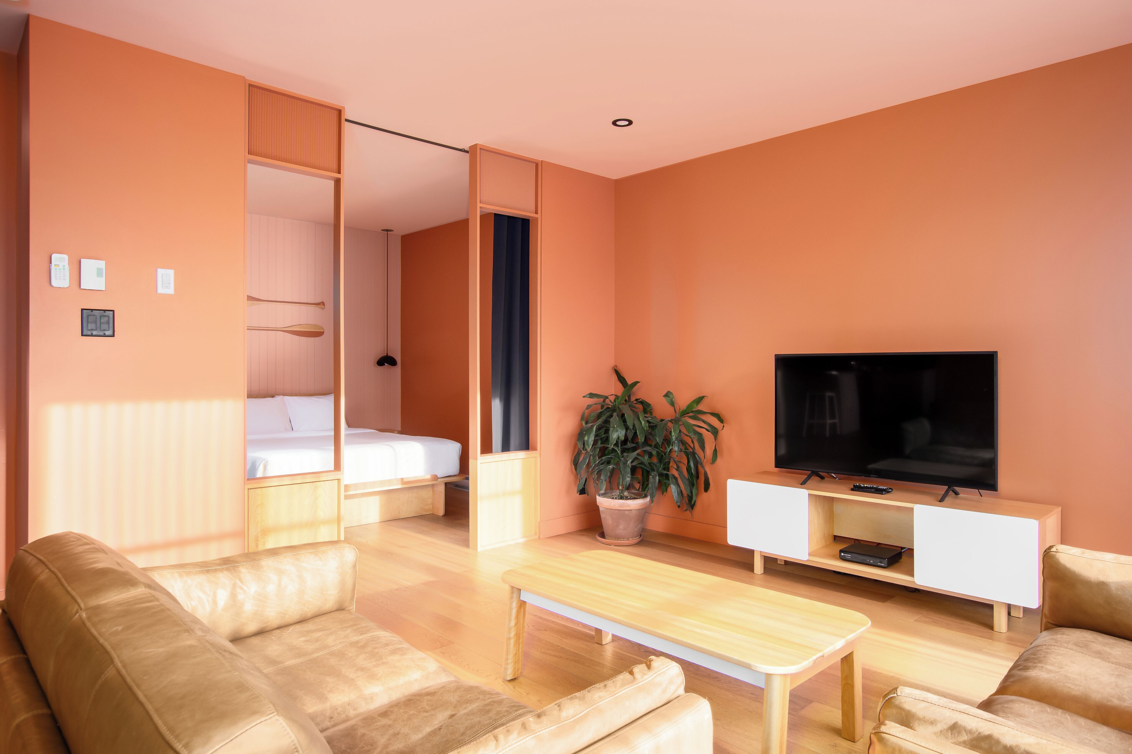 Una sala de estar moderna con un sofá, una mesa de centro, un televisor y una planta en maceta.
