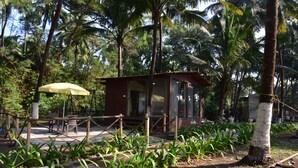 A small wooden structure with a glass door, surrounded by lush greenery and palm trees. - Beach Cabana - La Mer Beach House (Revdanda)