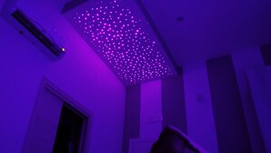 Una habitación con techo que tiene una cuadrícula de luces pequeñas, una ventana y una puerta.