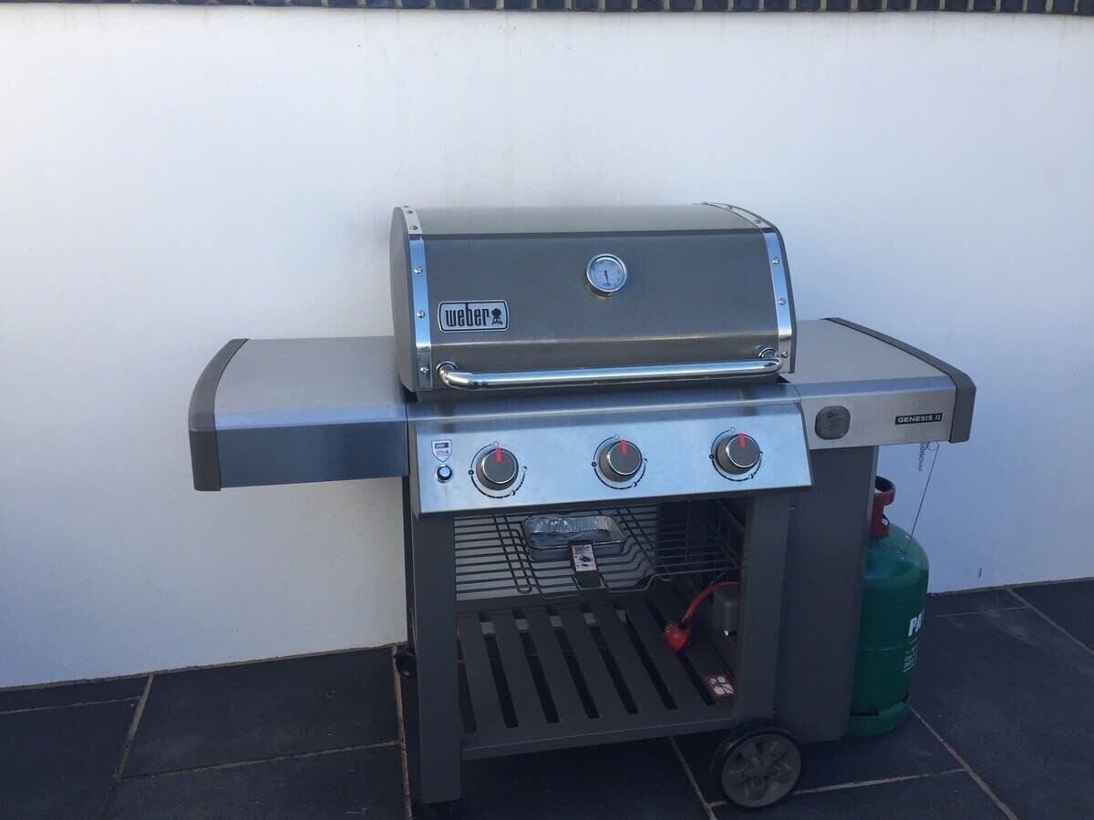 A Weber Genesis II portable grill with a side shelf and a propane tank.