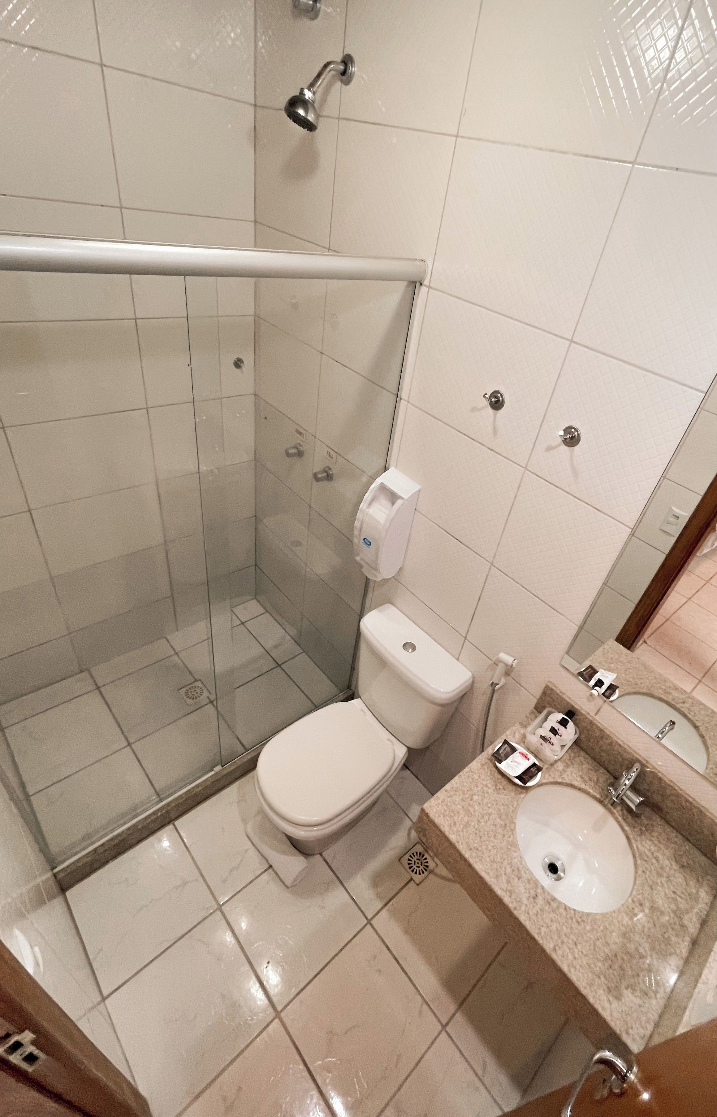 Un bagno con doccia vetrata, un water, un lavandino e uno specchio.