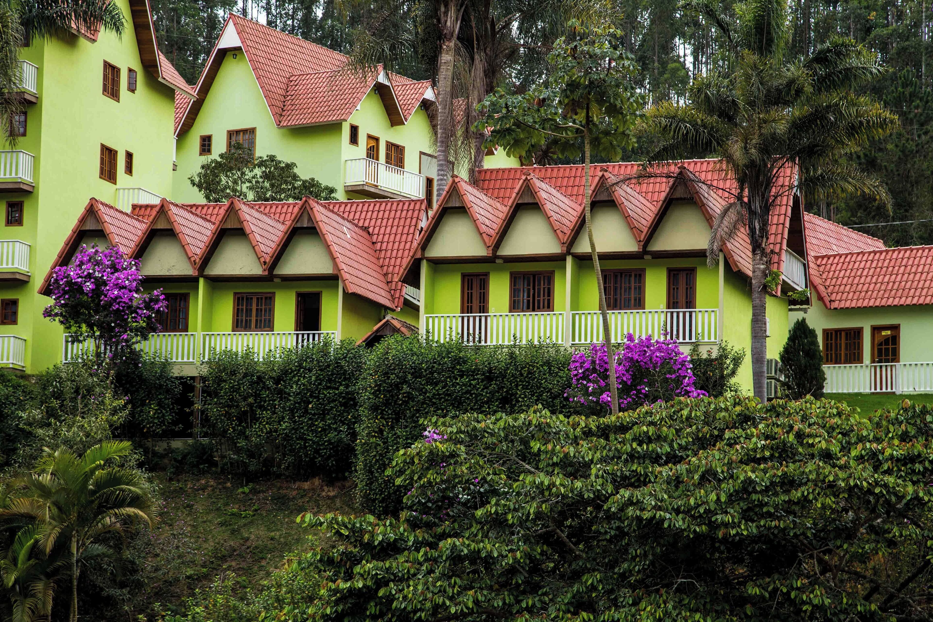 A row of green buildings with red roofs and white balconies, surrounded by lush greenery and purple flowers.