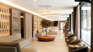 A modern hotel lobby with a central seating area, a large window providing a view, and a decorative plant. - China Park Eco Resort (Domingos Martins)