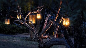A rustic outdoor setting with wooden lanterns and branches, suggesting a natural, outdoor area possibly for relaxation or dining.