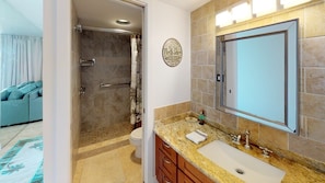 A bathroom with a shower, toilet, granite countertop, and a large mirror.