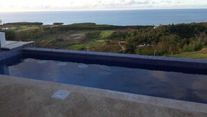 Una piscina con vista sull'oceano e un'area verde curata.