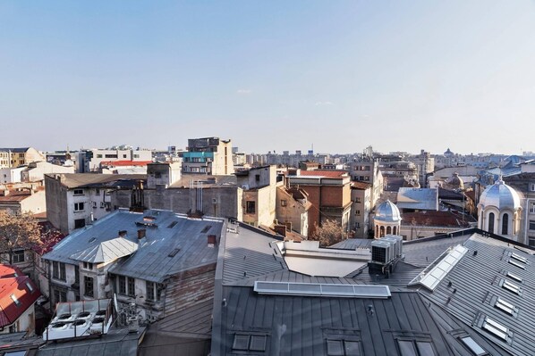 Paesaggio urbano con diversi edifici, tra cui una cupola imponente e un edificio con tetto rosso.