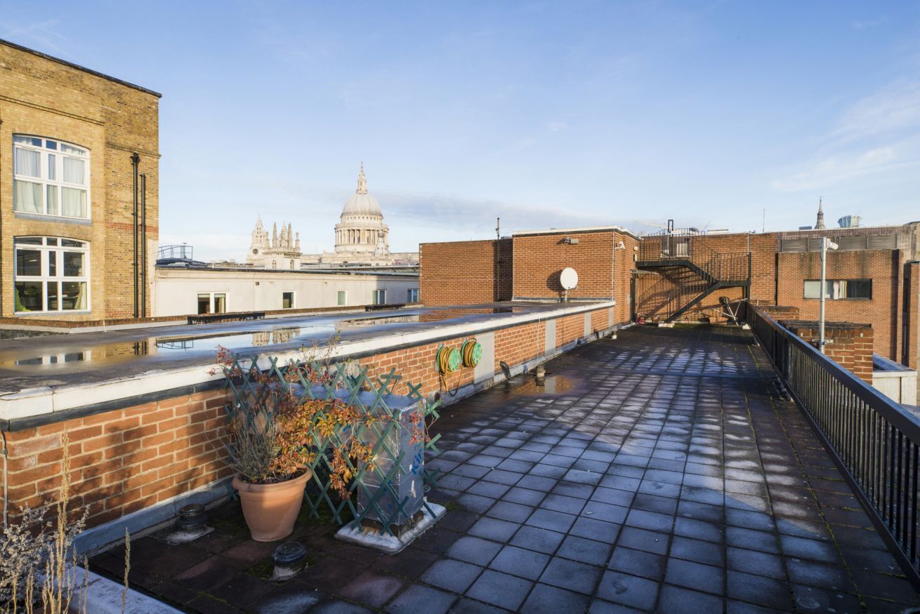 Terraza en la azotea con pared de ladrillo, plantas en macetas y vista a un edificio con cúpula grande al fondo.