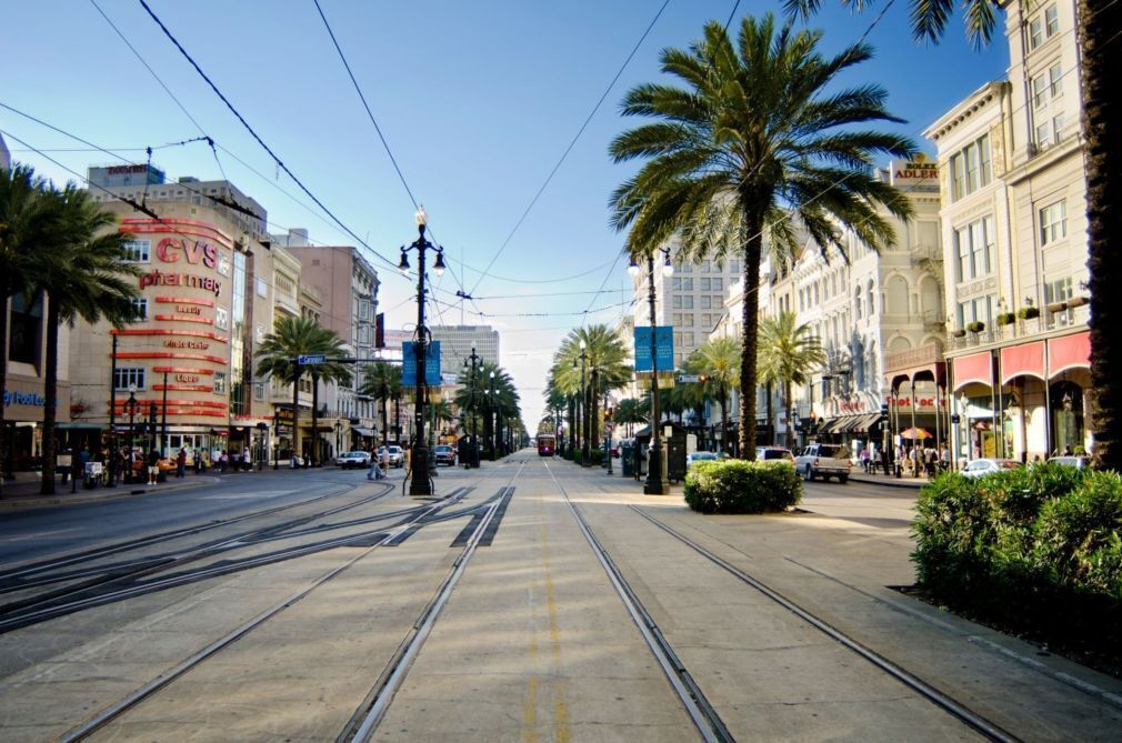 A street with tram tracks, palm trees, and buildings with various signs and storefronts.