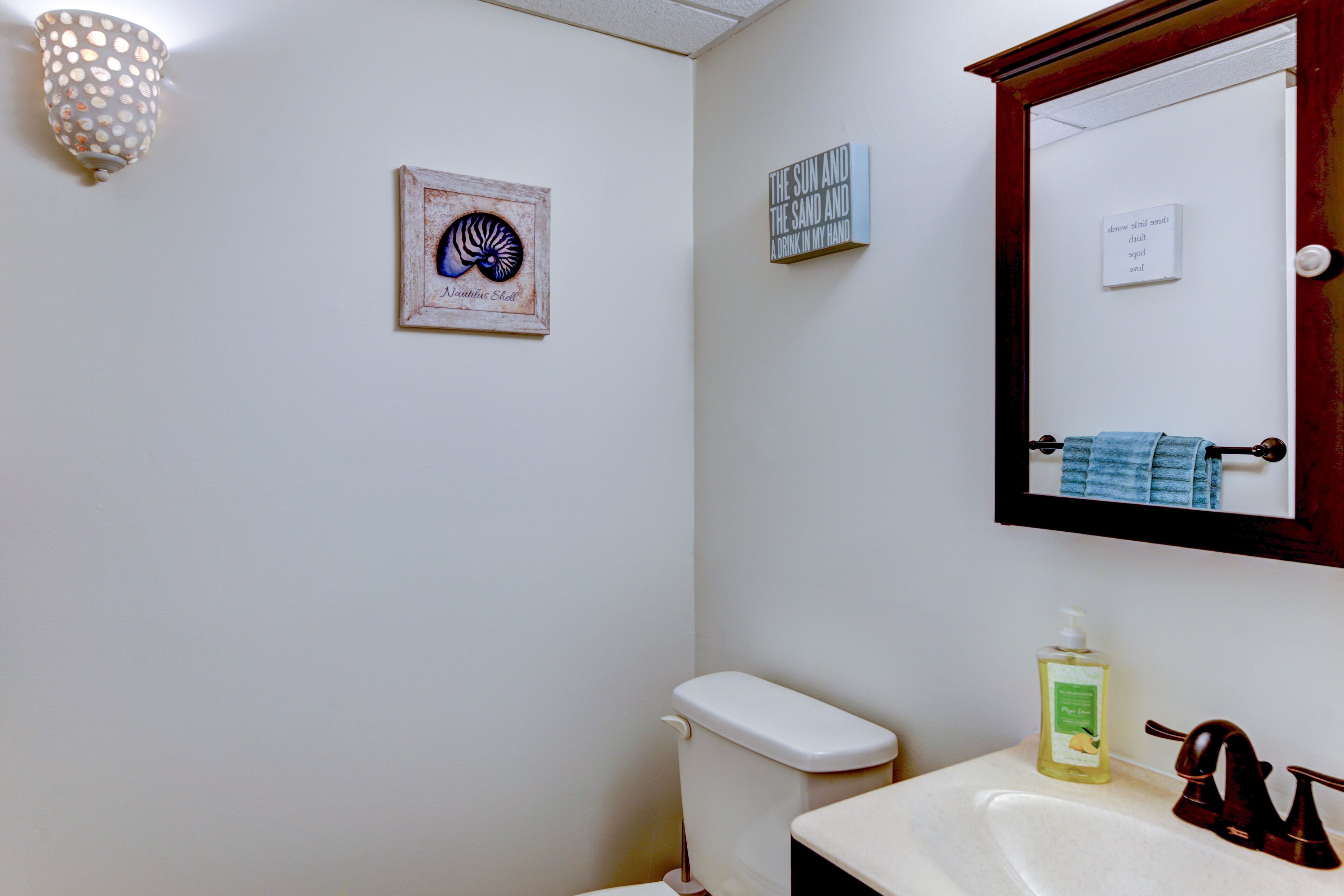 Ein Badezimmer mit Toilette, einem Waschbecken mit Seifenspender, einem gerahmten Bild einer Nautilus-Schnecke, einem Handtuch an der Wand und einem Spiegel mit Handtuch.