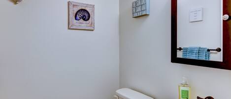 Ein Badezimmer mit Toilette, einem Waschbecken mit Seifenspender, einem gerahmten Bild einer Nautilus-Schnecke, einem Handtuch an der Wand und einem Spiegel mit Handtuch.