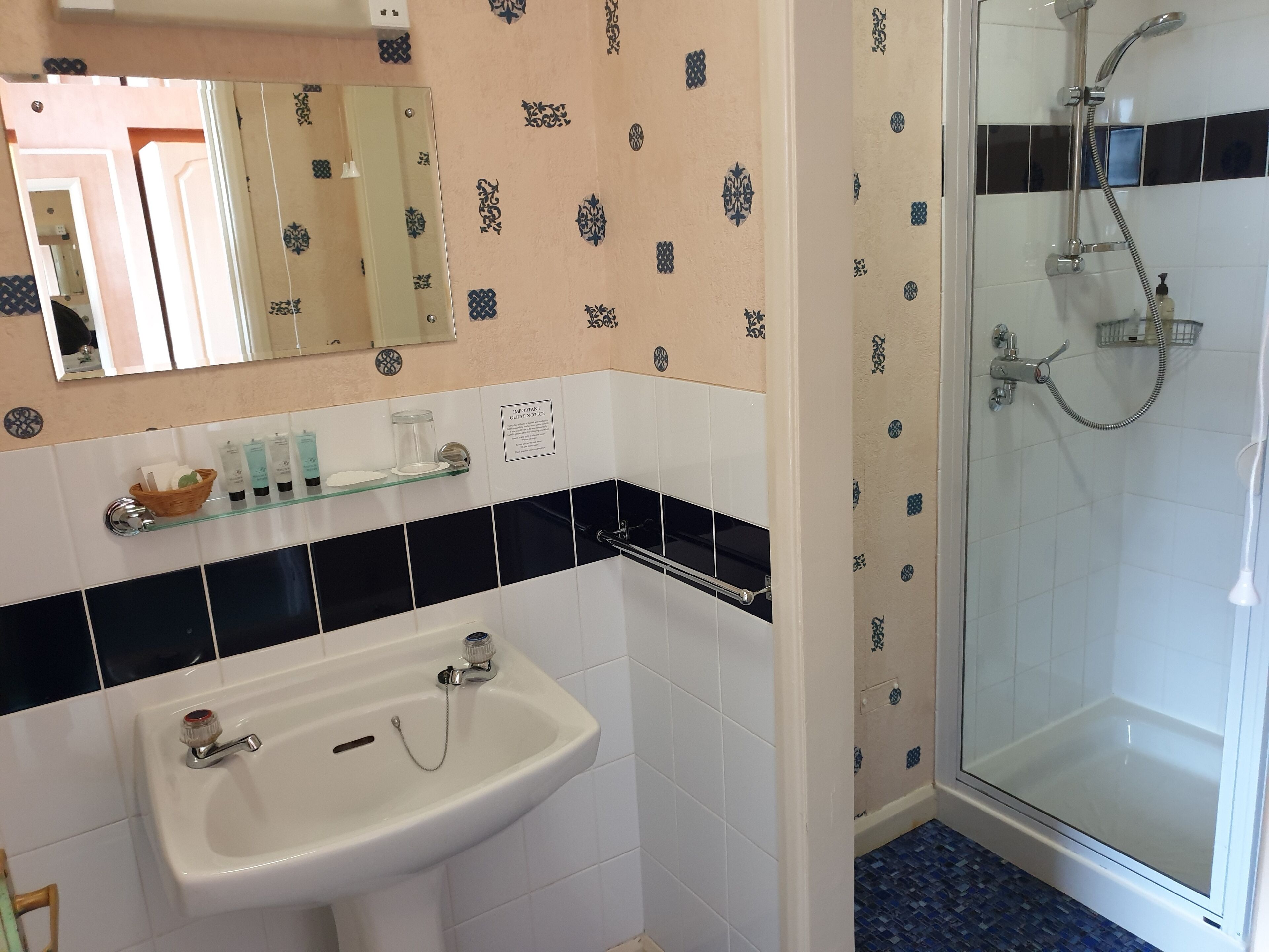 Une salle de bain avec un lavabo blanc, une cabine de douche en verre et un miroir au-dessus du lavabo.
