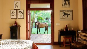 Een kamer met een bed, een bureau en een stoel. Er hangen ingelijste foto’s aan de muren en buiten de deur staat een paard.